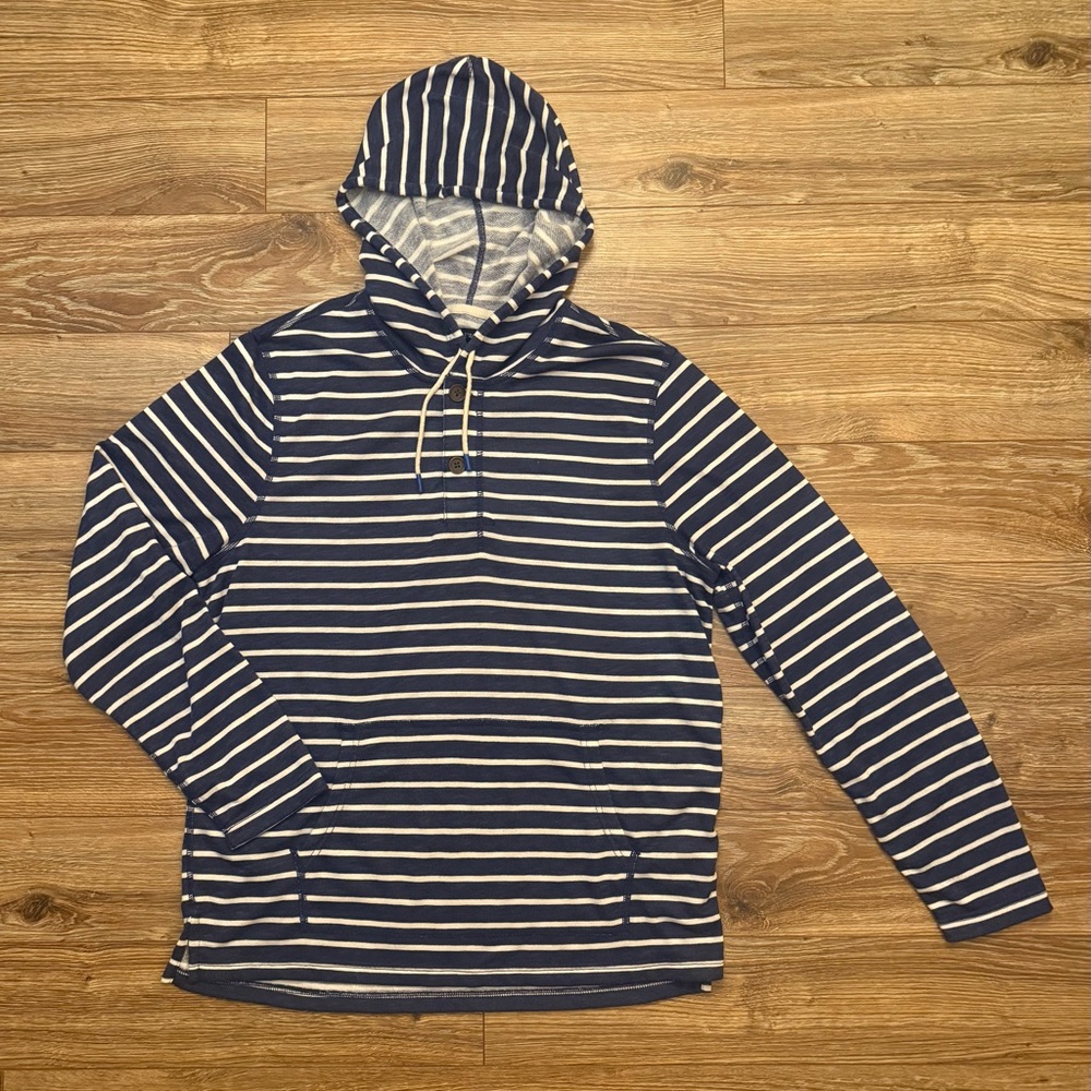 J Crew Blue and White Striped Henley Hooded Pullover Mens Large EUC